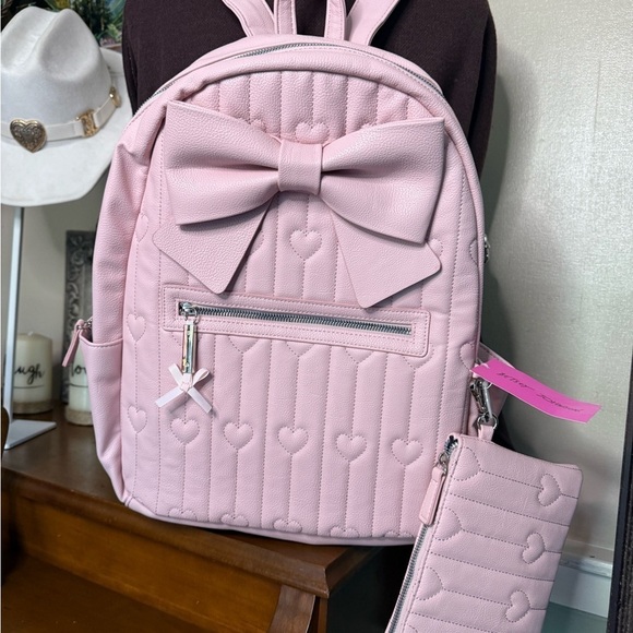 Betsey Johnson Pink Kitsch Large Backpack with Heart Accents Matching Pouch NEW main image 9